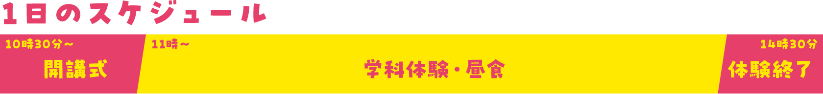 1日のスケジュール 10時30分~開講式 11時~学科体験・昼食 14時30分体験終了