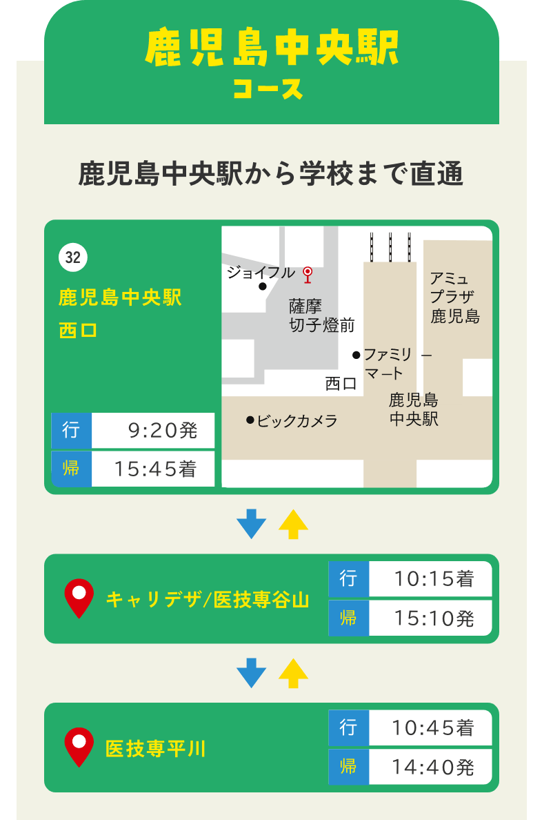 鹿児島市内在住の方へ! 鹿児島中央駅コース 鹿児島中央駅から学校まで直通